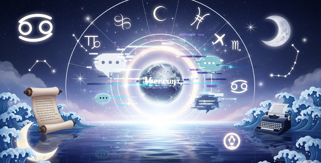 Illustration of Mercury retrograde in Cancer with emotional waves, communication symbols, and celestial elements representing introspection, tech delays, and emotional healing during July–August 2025.